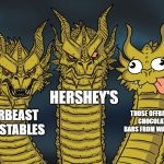 The offbrands suck. | HERSHEY'S; THOSE OFFBRAND CHOCOLATE BARS FROM WALMART; MRBEAST FEASTABLES | image tagged in king ghidorah,three-headed dragon,ghidorah,chocolate,memes,funny | made w/ Imgflip meme maker