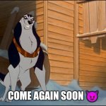 Come Again Soon | COME AGAIN SOON 😈 | image tagged in steele,balto | made w/ Imgflip meme maker