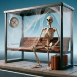 a skeleton sitting at a bus stop