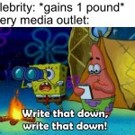 write that down | celebrity: *gains 1 pound*
every media outlet: | image tagged in write that down,funny,memes,oh wow are you actually reading these tags | made w/ Imgflip meme maker