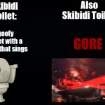 skibidi meme 5 | Also Skibidi Toilet:; Skibidi Toilet:; goofy toilet with a head that sings; GORE | image tagged in black background,skibidi toilet,skibidi | made w/ Imgflip meme maker