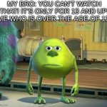 bro, I'm not nine anymore | MY BRO: YOU CAN'T WATCH THAT! IT'S ONLY FOR 13 AND UP!
ME WHO IS OVER THE AGE OF 13: | image tagged in mike wazowski bruh | made w/ Imgflip meme maker