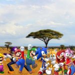 Wario and Friends having a adventure at the savanna | image tagged in savannah,super mario,megaman,sonic the hedgehog,wario,crossover | made w/ Imgflip meme maker