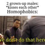 Thank goodness I'm not homophobic | 2 grown-up males: *kisses each other*; Homophobics:; We don't do that here. | image tagged in we don't do that here,memes,funny,why are you reading the tags | made w/ Imgflip meme maker