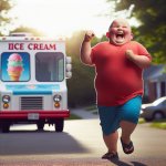 a fat bald kid running after ice cream