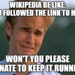 Whiners | WIKIPEDIA BE LIKE:
YOU FOLLOWED THE LINK TO HERE; WON'T YOU PLEASE DONATE TO KEEP IT RUNNING | image tagged in whiners | made w/ Imgflip meme maker