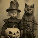 Scary child and cat halloween