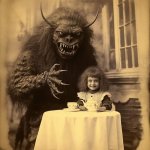 vintage child and imaginary scary monster friend