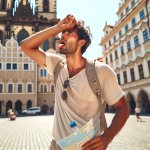 Tourist suffering from heat in prague