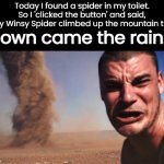 Down came the rain... | Today I found a spider in my toilet. So I 'clicked the button' and said, "Insy Winsy Spider climbed up the mountain tree. Down came the rain..." | image tagged in tornado guy,spider | made w/ Imgflip meme maker