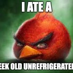 Realistic Red Angry Birds | I ATE A; 2 WEEK OLD UNREFRIGERATED PIE | image tagged in realistic red angry birds,memes,funny,dumb ways to die,angry birds,oh wow are you actually reading these tags | made w/ Imgflip meme maker