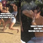 Meme | MURDER DRONES SENDING DEATH THREATS TO GLITCH FOR ENDING THE SHOW; SUNSET PARADISE FANS JUST WAITING FOR SEASON 2 | image tagged in guy smoking while two people fight | made w/ Imgflip meme maker