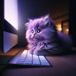 purple kitten watching computer