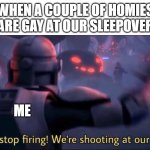 the sleepover | WHEN A COUPLE OF HOMIES ARE GAY AT OUR SLEEPOVER; ME | image tagged in everyone stop firing we're shooting at our own men | made w/ Imgflip meme maker