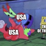 self implode | USA; THE REST OF THE WORLD; USA | image tagged in mr krabs choking patrick,usa | made w/ Imgflip meme maker