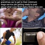 Stretching caps | Guys who need to borrow their grandmas car to get to their minimum wage service job getting ready to post about what Lone Wolf Alpha Males they are: | image tagged in stretching caps,funny memes | made w/ Imgflip meme maker