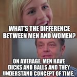 As Good As It Gets | WHAT’S THE DIFFERENCE BETWEEN MEN AND WOMEN? ON AVERAGE, MEN HAVE DICKS AND BALLS AND THEY UNDERSTAND CONCEPT OF TIME. | image tagged in as good as it gets,men and women | made w/ Imgflip meme maker