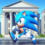 sonic running toward a courthouse