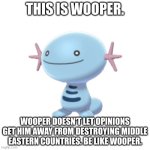 big woop. | THIS IS WOOPER. WOOPER DOESN'T LET OPINIONS GET HIM AWAY FROM DESTROYING MIDDLE EASTERN COUNTRIES. BE LIKE WOOPER. | image tagged in wooper | made w/ Imgflip meme maker