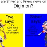 Even Shiver and Frye love Digimon | Digimon? It's 100% fun to play and fun to watch! I agree with Frye. Digimon is fun to play and watch! Digimon is the best! | image tagged in what is shiver and frye's views on x | made w/ Imgflip meme maker