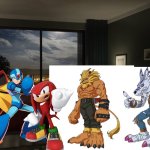 Megaman and Friends having a party in their fancy hotel room | image tagged in night bedroom,megaman x,sonic the hedgehog,megaman,digimon,crossover | made w/ Imgflip meme maker