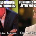 Corporate life | COMPANIES DURING THE HIRING PROCESS:; COMPANIES ONE MINUTE AFTER YOU GET HIRED: | image tagged in gordon ramsay kids vs adults,corporate | made w/ Imgflip meme maker