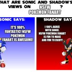 Even Sonic and Shadow love NSFW Pokémon fanart | NSFW POKÉMON FANART; IT'S 100% FANTASTIC! NSFW POKÉMON FANART IS AWESOME! I 100% AGREE WITH SONIC. NSFW POKÉMON FANART IS FUN TO MAKE AND FUN TO ENJOY! | image tagged in what are sonic and shadows views on | made w/ Imgflip meme maker