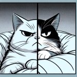 A split panel with a cat looking very serious on one side and a