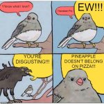 Don't knock it till you try it, guys! | EW!!! Y'know what I love? Hawaiian Piz-; YOU'RE DISGUSTING!!! PINEAPPLE DOESN'T BELONG ON PIZZA!!! | image tagged in annoyed bird,front page plz,pineapple pizza,food memes,memes,funny | made w/ Imgflip meme maker