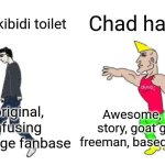 Virgin vs Chad | Chad half life; Virgin skibidi toilet; Awesome, great story, goat gordan freeman, based fanbas3; Unoriginal, confusing lore,cringe fanbase | image tagged in virgin vs chad | made w/ Imgflip meme maker