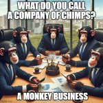 Chimpanzee board meeting | WHAT DO YOU CALL A COMPANY OF CHIMPS? A MONKEY BUSINESS | image tagged in chimpanzee board meeting,bad pun,joke | made w/ Imgflip meme maker