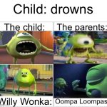 Welp | Child: drowns; The child:; The parents:; Willy Wonka:; Oompa Loompas: | image tagged in 4 horsemen,memes | made w/ Imgflip meme maker