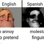 Incredibles bob | English; Spanish; to annoy               molestar; to pretend            finguir | image tagged in incredibles bob | made w/ Imgflip meme maker