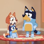 A 3D render of a scene from the animated series Bluey. There's a