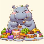 Really fat hippo eating a buffet of food