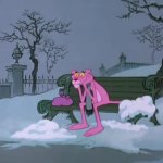 Pink panther wearing grey scarf cold sitting on bench GIF Template