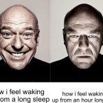 i always feel like crap | how i feel waking up from a long sleep; how i feel waking up from an hour long nap | image tagged in breaking bad smile frown,sleep,memes,funny,fun | made w/ Imgflip meme maker