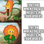 The internet isn't like good old days | YOUTUBE WHEN YOU USE INSULTS IN YOUR VIDEOS; TIKTOK WHEN YOU USE INSULTS IN YOUR VIDEOS | image tagged in cuphead flower,youtube,tiktok,insult,insults,memes | made w/ Imgflip meme maker