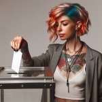 Tattooed young woman with dyed hair votes