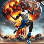 Basketball player with a massive nuclear explosion behind him