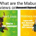 Nort and Blobbers love Humanoid Digimon | Humanoid Digimon; I agree with Nort. Humanoid Digimon are 100% fantastic! They're 100% awesome! | image tagged in mabus views skylanders | made w/ Imgflip meme maker