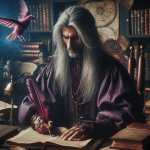 Wizard writing in his book very focused