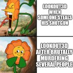 OOOH MY PC | LOOKOUT3D WHEN SOMEONE STEALS HIS SHOTGUN; LOOKOUT3D AFTER BRUTALLY MURDERING SEVERAL PEOPLE | image tagged in cagney carnation yelling,youtubers,minecraft memes | made w/ Imgflip meme maker