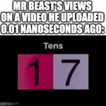 bro has the entire globe subscribed to him | MR BEAST'S VIEWS ON A VIDEO HE UPLOADED 0.01 NANOSECONDS AGO: | image tagged in gifs,memes,youtube,subscribe,mrbeast,videos | made w/ Imgflip video-to-gif maker