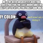 Why does this always happen??? | ME:  I'VE BEEN ABSOLUTELY BUSTING FOR A POO FOR THE LAST HOUR AND I'VE FINALLY GOT TO SIT ON THE TOILET AND UNLOAD; MY COLON: | image tagged in pingu well now i am not doing it | made w/ Imgflip meme maker