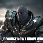 When you feel something between happiness, anger, disappointment, vengeance | I'M THANKFUL, BECAUSE NOW I KNOW WHAT I MUST DO | image tagged in thankful thanos | made w/ Imgflip meme maker