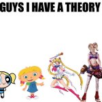 Pigtailed girls from cartoons and games | image tagged in guys i have a theory,bubbles,powerpuff girls,little einsteins,sailor moon,chainsaw lollipop | made w/ Imgflip meme maker