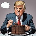 Donald Trump eating Chocolate Cake by Carrie Cature