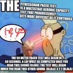 barnarncale | FITNESSGRAM PACER TEST IS A MULTISTAGE AEROBIC CAPACITY TEST THAT PROGRESSIVELY GETS MORE DIFFICULT AS IT CONTINUES; THE 50 METER PACER TEST WILL BEGIN IN 60 SECONDS. A LAP MUST BE COMPLETED ONCE YOU HEAR THIS SOUND (CLING). THE TEST WILL BEGIN WHEN YOU HEAR THIS OTHER SOUND. (BLALA) 3 2 1 (BLALA) | image tagged in no brim barnacle boy | made w/ Imgflip meme maker