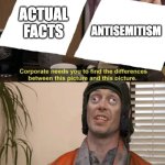 A lot of things aren't right in this world, here's one | ACTUAL FACTS; ANTISEMITISM | image tagged in crosseyed steve buscemi the same picture,antisemitism,facts | made w/ Imgflip meme maker